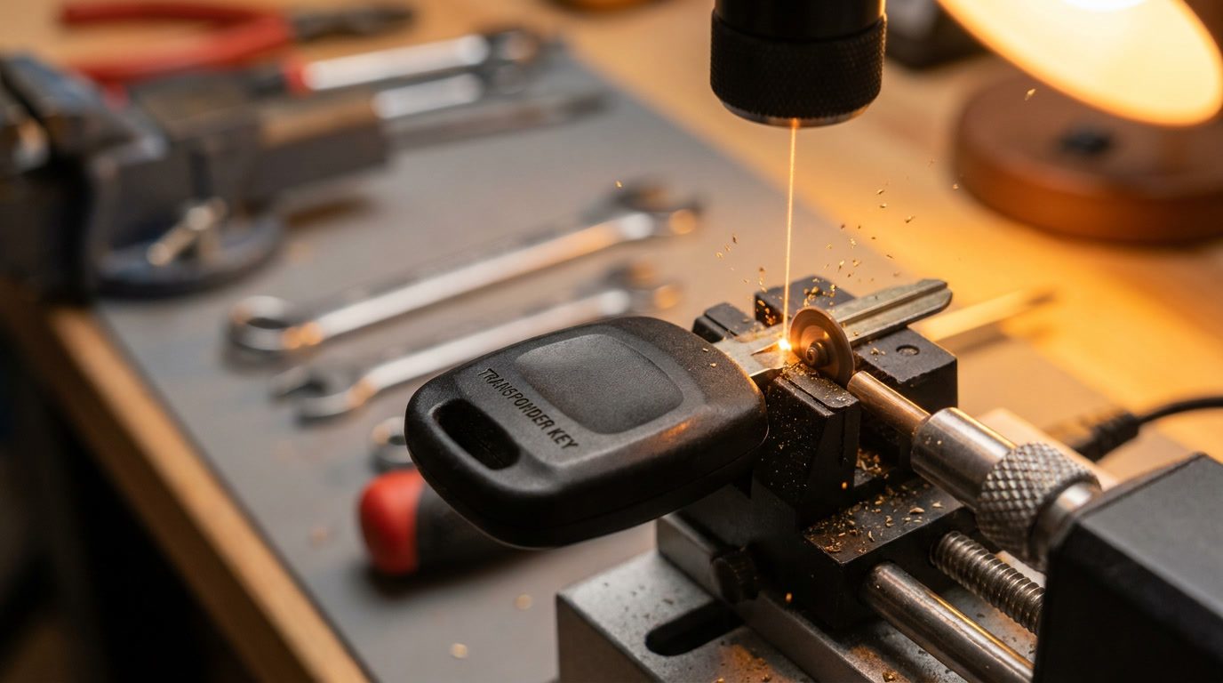 Car key being precision-cut on a code-cutting machine