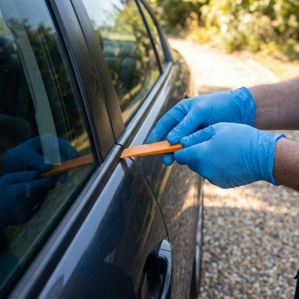 Locksmith using a wedge tool to safely open a locked car door