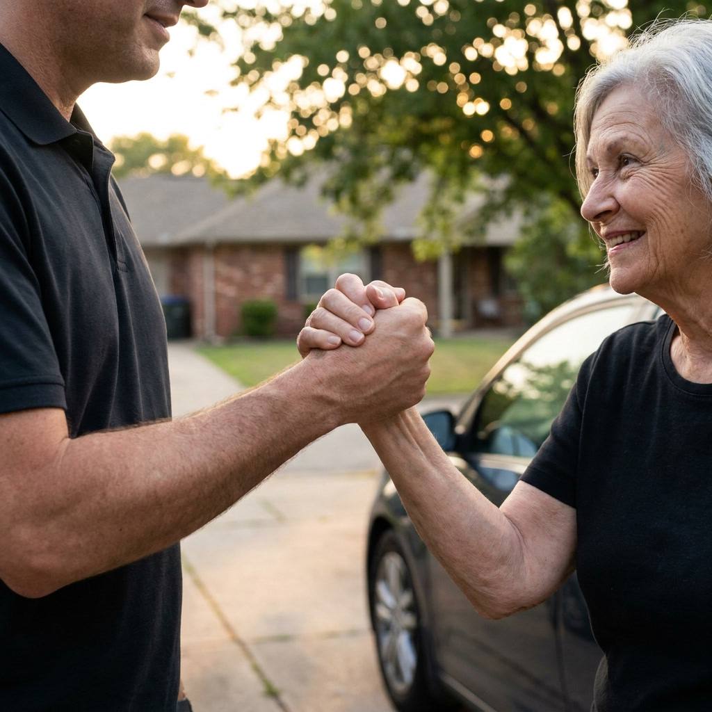 Locksmith shaking hands with a grateful senior customer