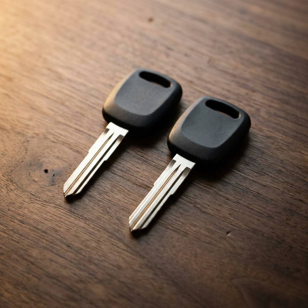 Two matching transponder car keys on a dark wood surface