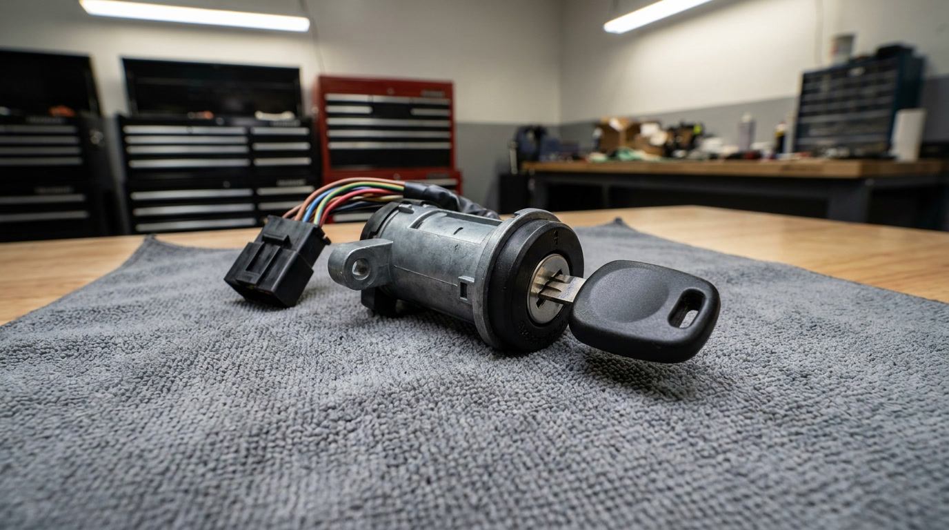 Automotive ignition cylinder with key and electrical wiring pigtail connector