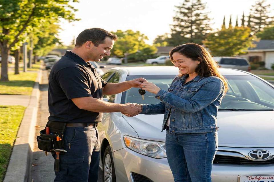 Technician handing new keys to satisfied customer