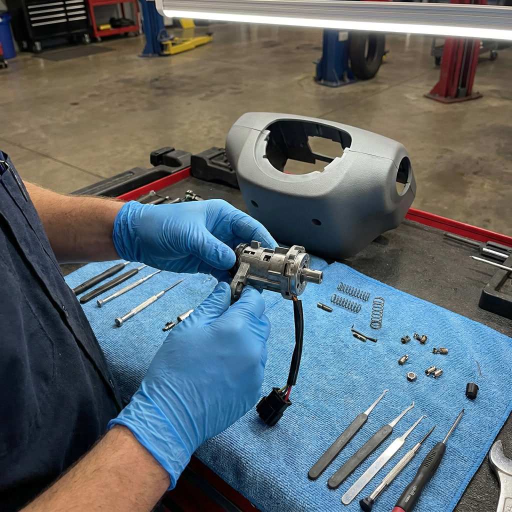 Technician hands working on car ignition cylinder removed from steering column