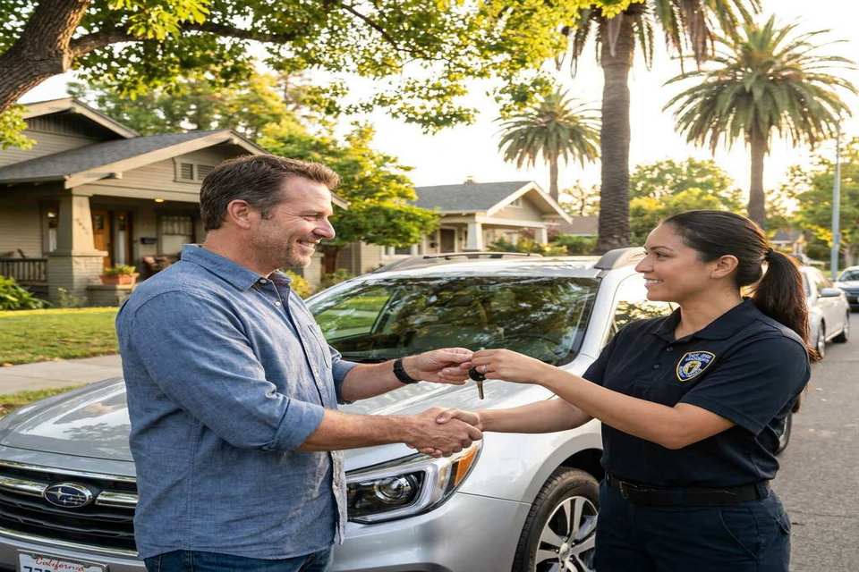 Auto locksmith working on car on-site